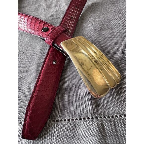 Vintage Kathy young Belt signed solid brass Buckle abstract art Red Snake Skin M - Picture 1 of 16